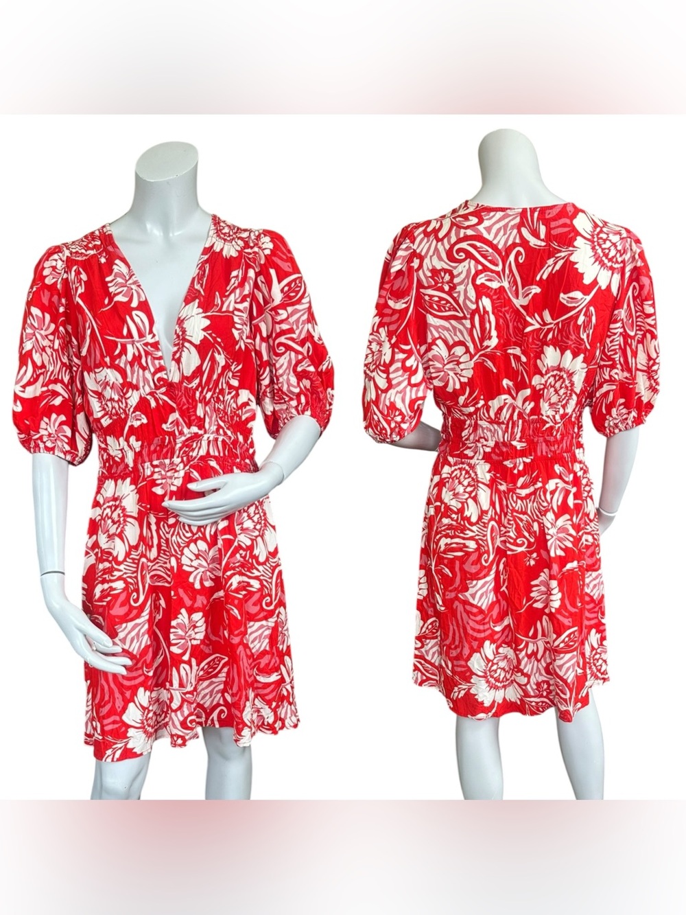 Abel The Label Red White Pink Floral Ruched Bodice Casual Dress Size Large